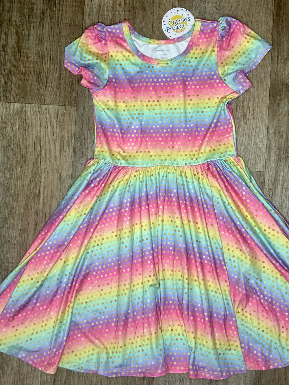 Girls Rainbow Stripe Twirl Dress with Gold Dots